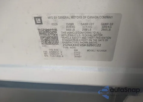 2019 Chevrolet Equinox Lt z USA, uszkodzony, nr VIN 2GNAXKEV5K6260122